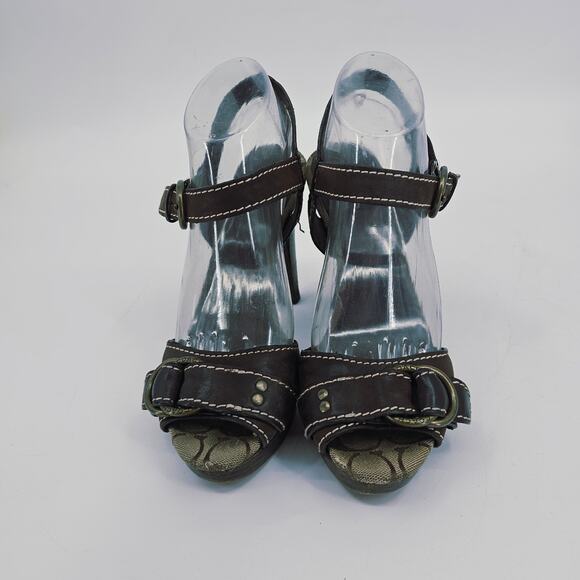 Coach Sheena Brown Leather & Wood Open Toe Heeled Platform Sandal Women's 8 B - Picture 2 of 14